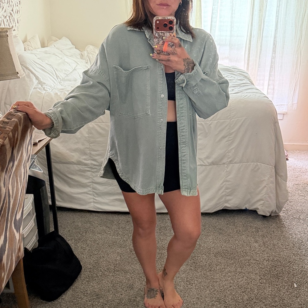 Zara Oversized Light Sage Green Denim Shacket
